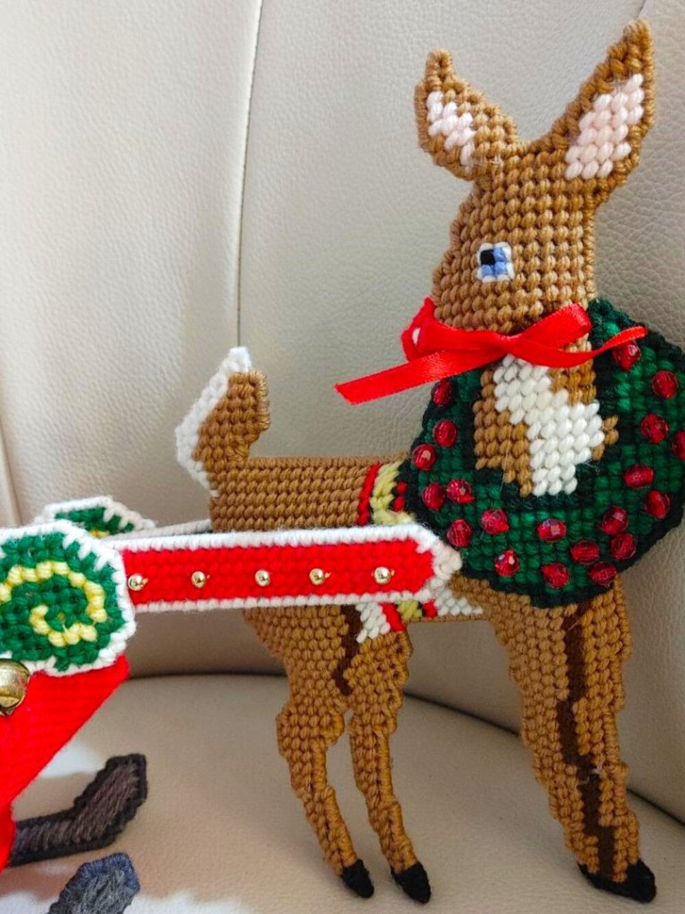 Whimsical Santa's Needlepoint Colorful Sleigh Rudolph Set Superbly Hand Crafted